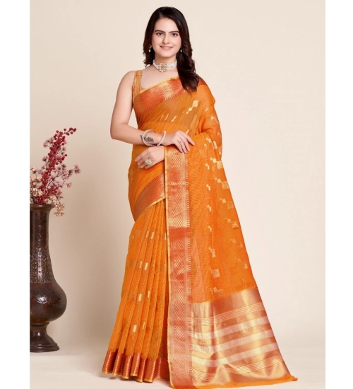 Generic Women's Silk Blend Printed Banarasi Saree With Unstitched Blouse (5.5Mtr, Orange)