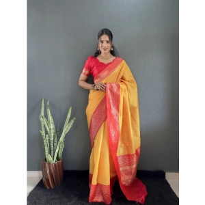 Generic Women's Silk Blend Woven Kanjivaram Saree With Unstitched Blouse (5.5Mtr, Yellow Red)