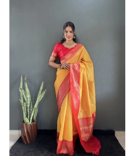 Generic Women's Silk Blend Woven Kanjivaram Saree With Unstitched Blouse (5.5Mtr, Yellow Red)