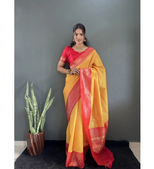 Generic Women's Silk Blend Woven Kanjivaram Saree With Unstitched Blouse (5.5Mtr, Yellow Red)
