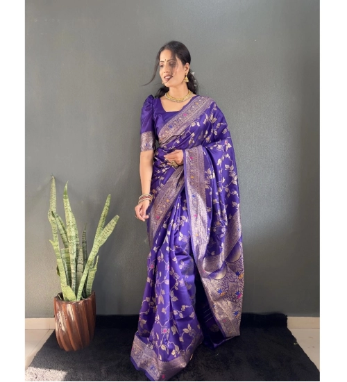 Generic Women's Silk Blend Woven Kanjivaram Saree With Unstitched Blouse (5.5Mtr, Purple)