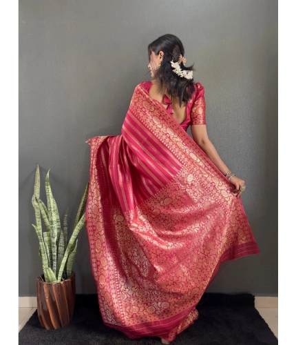 Generic Women's Silk Blend Woven Kanjivaram Saree With Unstitched Blouse (5.5Mtr, Pink)