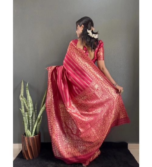 Generic Women's Silk Blend Woven Kanjivaram Saree With Unstitched Blouse (5.5Mtr, Pink)