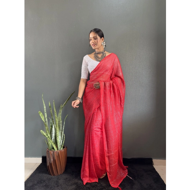 Women's Chiffon Woven Bollywood Saree With Unstitched Blouse (5.5Mtr, Red) Women's Chiffon Woven Bollywood Saree With Unstitched Blouse (5.5Mtr, Red)