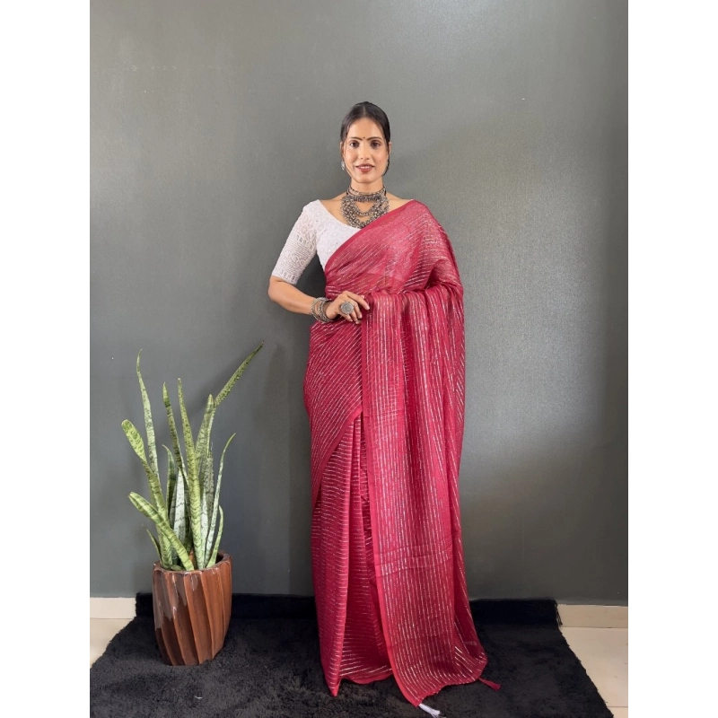 Women's Chiffon Woven Bollywood Saree With Unstitched Blouse (5.5Mtr, Pink)