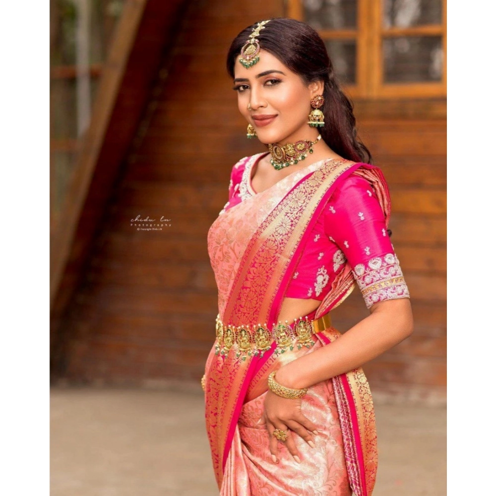 Generic Women's Silk Blend Self Design Banarasi Saree With Unstitched Blouse (5.5Mtr, Peach) Generic Women's Silk Blend Self Design Banarasi Saree With Unstitched Blouse (5.5Mtr, Peach)