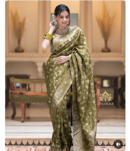 Generic Women's Silk Woven Kanjivaram Saree With Unstitched Blouse (5.5Mtr, Mehendi Green)