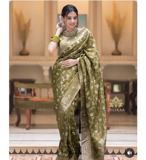 Generic Women's Silk Woven Kanjivaram Saree With Unstitched Blouse (5.5Mtr, Mehendi Green)