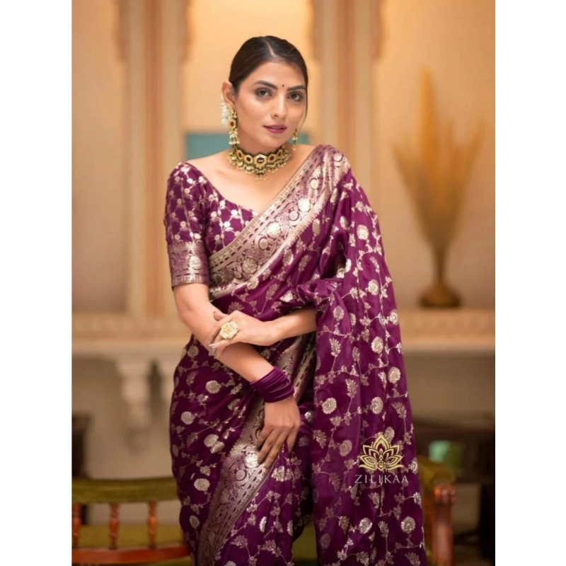 Women's Silk Woven Kanjivaram Saree With Unstitched Blouse (5.5Mtr, Dark Purple)