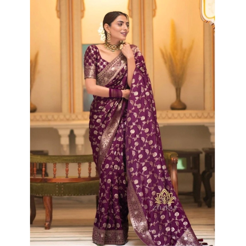Generic Women's Silk Woven Kanjivaram Saree With Unstitched Blouse (5.5Mtr, Dark Purple) Generic Women's Silk Woven Kanjivaram Saree With Unstitched Blouse (5.5Mtr, Dark Purple)