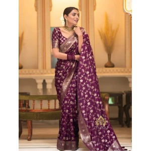 Generic Women's Silk Woven Kanjivaram Saree With Unstitched Blouse (5.5Mtr, Dark Purple)
