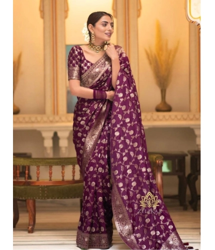 Generic Women's Silk Woven Kanjivaram Saree With Unstitched Blouse (5.5Mtr, Dark Purple)