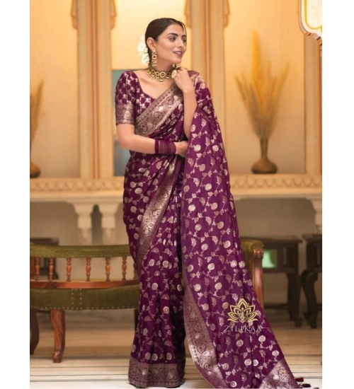 Generic Women's Silk Woven Kanjivaram Saree With Unstitched Blouse (5.5Mtr, Dark Purple)