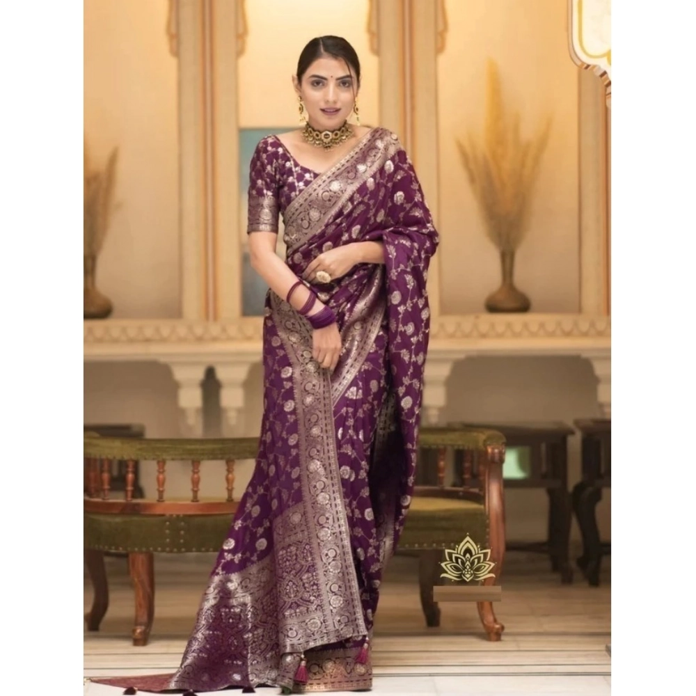 Generic Women's Silk Woven Kanjivaram Saree With Unstitched Blouse (5.5Mtr, Dark Purple) Generic Women's Silk Woven Kanjivaram Saree With Unstitched Blouse (5.5Mtr, Dark Purple)