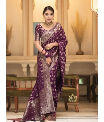 Generic Women's Silk Woven Kanjivaram Saree With Unstitched Blouse (5.5Mtr, Dark Purple)