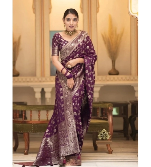 Generic Women's Silk Woven Kanjivaram Saree With Unstitched Blouse (5.5Mtr, Dark Purple)