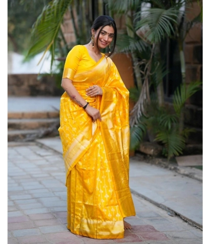 Generic Women's Silk Blend Self Design Banarasi Saree With Unstitched Blouse (5.5Mtr, Yellow)