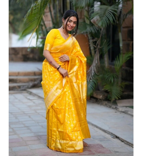 Generic Women's Silk Blend Self Design Banarasi Saree With Unstitched Blouse (5.5Mtr, Yellow)