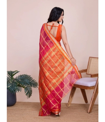 Generic Women's Cotton Silk Checkered Kota Doria Saree With Unstitched Blouse (5.5Mtr, Red)