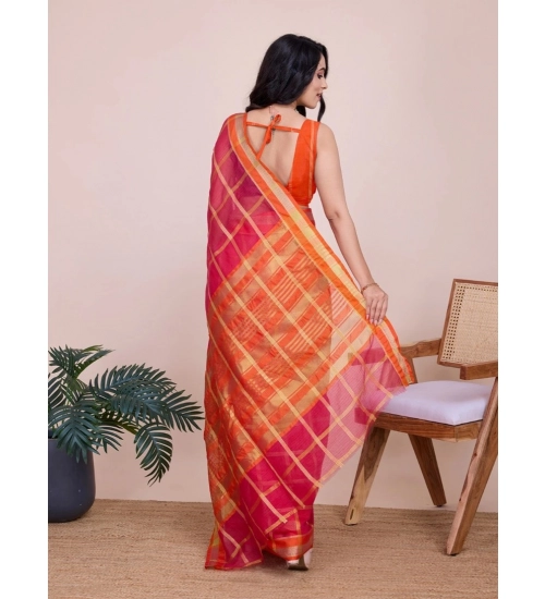 Generic Women's Cotton Silk Checkered Kota Doria Saree With Unstitched Blouse (5.5Mtr, Red)