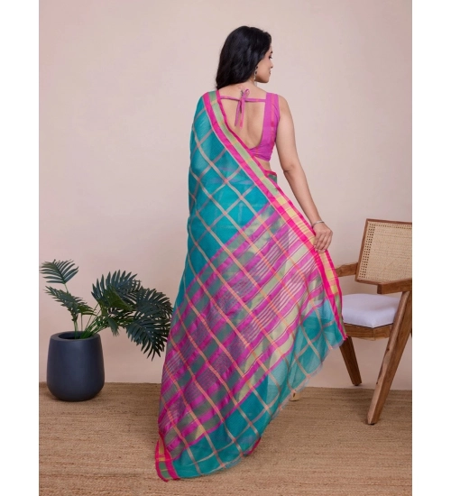 Generic Women's Cotton Silk Checkered Kota Doria Saree With Unstitched Blouse (5.5Mtr, Rama)