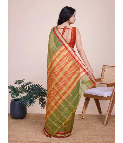 Generic Women's Cotton Silk Checkered Kota Doria Saree With Unstitched Blouse (5.5Mtr, Mehendi)