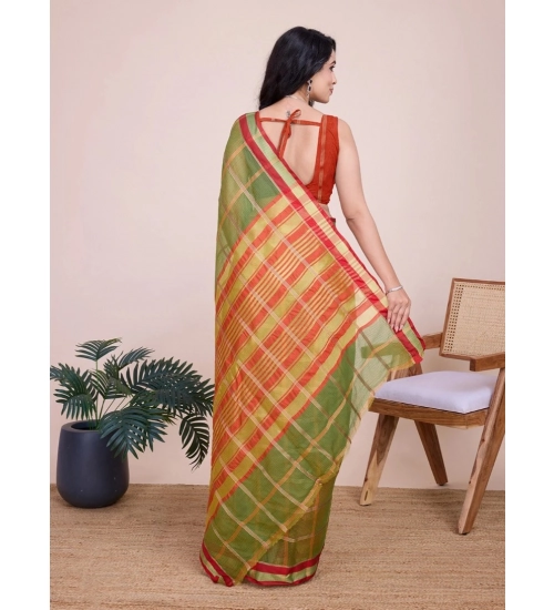 Generic Women's Cotton Silk Checkered Kota Doria Saree With Unstitched Blouse (5.5Mtr, Mehendi)