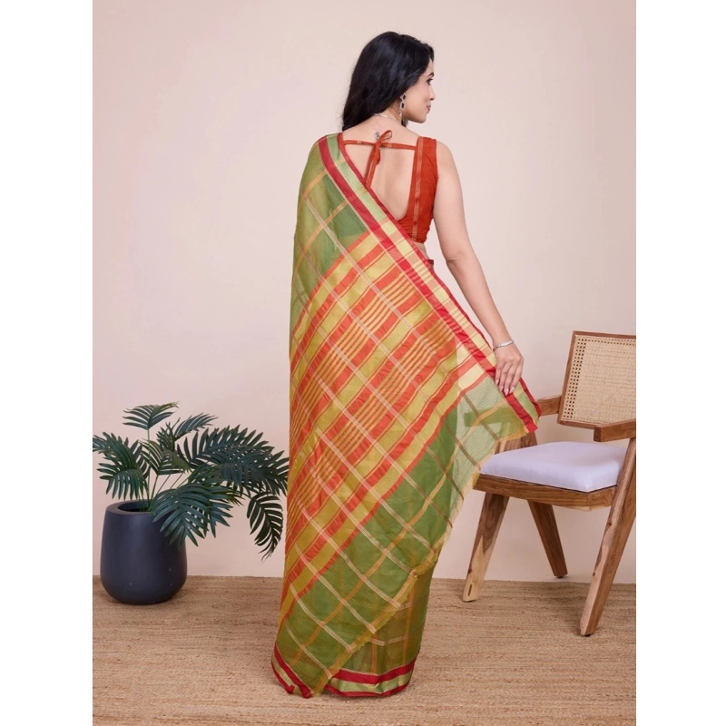 Women's Cotton Silk Checkered Kota Doria Saree With Unstitched Blouse (5.5Mtr, Mehendi) Women's Cotton Silk Checkered Kota Doria Saree With Unstitched Blouse (5.5Mtr, Mehendi)