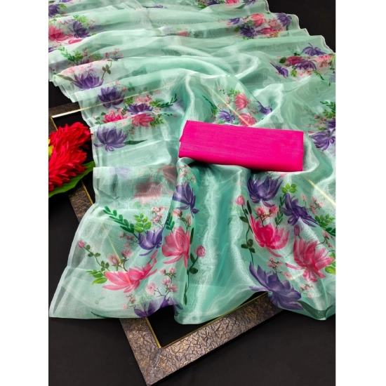 Generic Women's Organza Printed Saree With Unstitched Blouse (5.5Mtr, Rama)