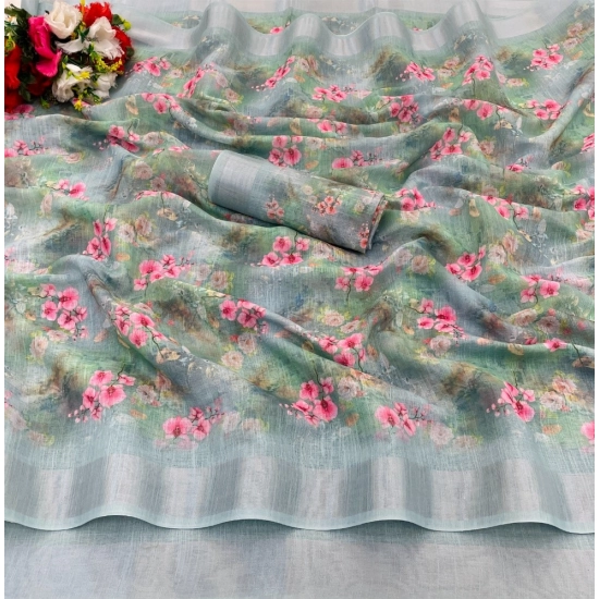 Generic Women's Cotton Linen Printed Saree With Unstitched Blouse (5.5Mtr, Green) Generic Women's Cotton Linen Printed Saree With Unstitched Blouse (5.5Mtr, Green)