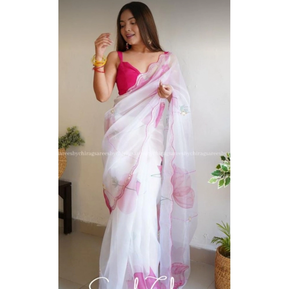 Generic Women's Organza Printed Saree With Unstitched Blouse (5.5Mtr, White)