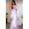 Generic Women's Organza Printed Saree With Unstitched Blouse (5.5Mtr, White)