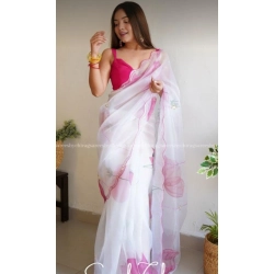 Generic Women's Organza Printed Saree With Unstitched Blouse (5.5Mtr, White)