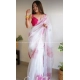 Generic Women's Organza Printed Saree With Unstitched Blouse (5.5Mtr, White)