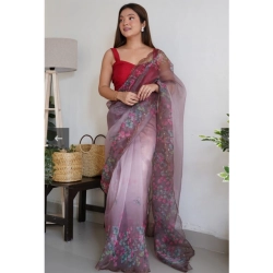 Generic Women's Organza Printed Saree With Unstitched Blouse (5.5Mtr, Wine)