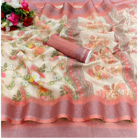 Generic Women's Cotton Linen Printed Saree With Unstitched Blouse (5.5Mtr, Pink)