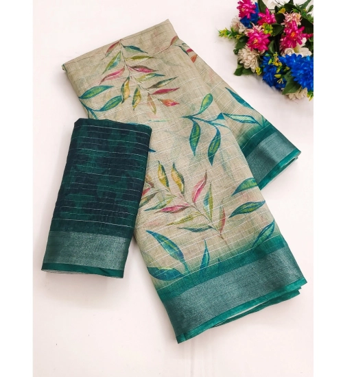 Generic Women's Cotton-Linen Printed Saree With Unstitched Blouse (5.5Mtr, Rama)