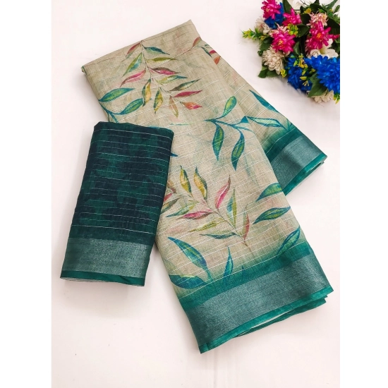 Generic Women's Cotton-Linen Printed Saree With Unstitched Blouse (5.5Mtr, Rama)