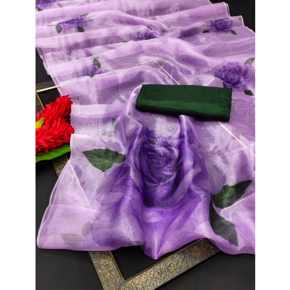 Generic Women's Organza Printed Saree With Unstitched Blouse (5.5Mtr, Lavender)