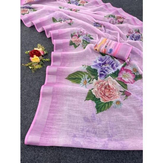 Generic Women's Cotton Linen Printed Saree With Unstitched Blouse (5.5Mtr, Pink)