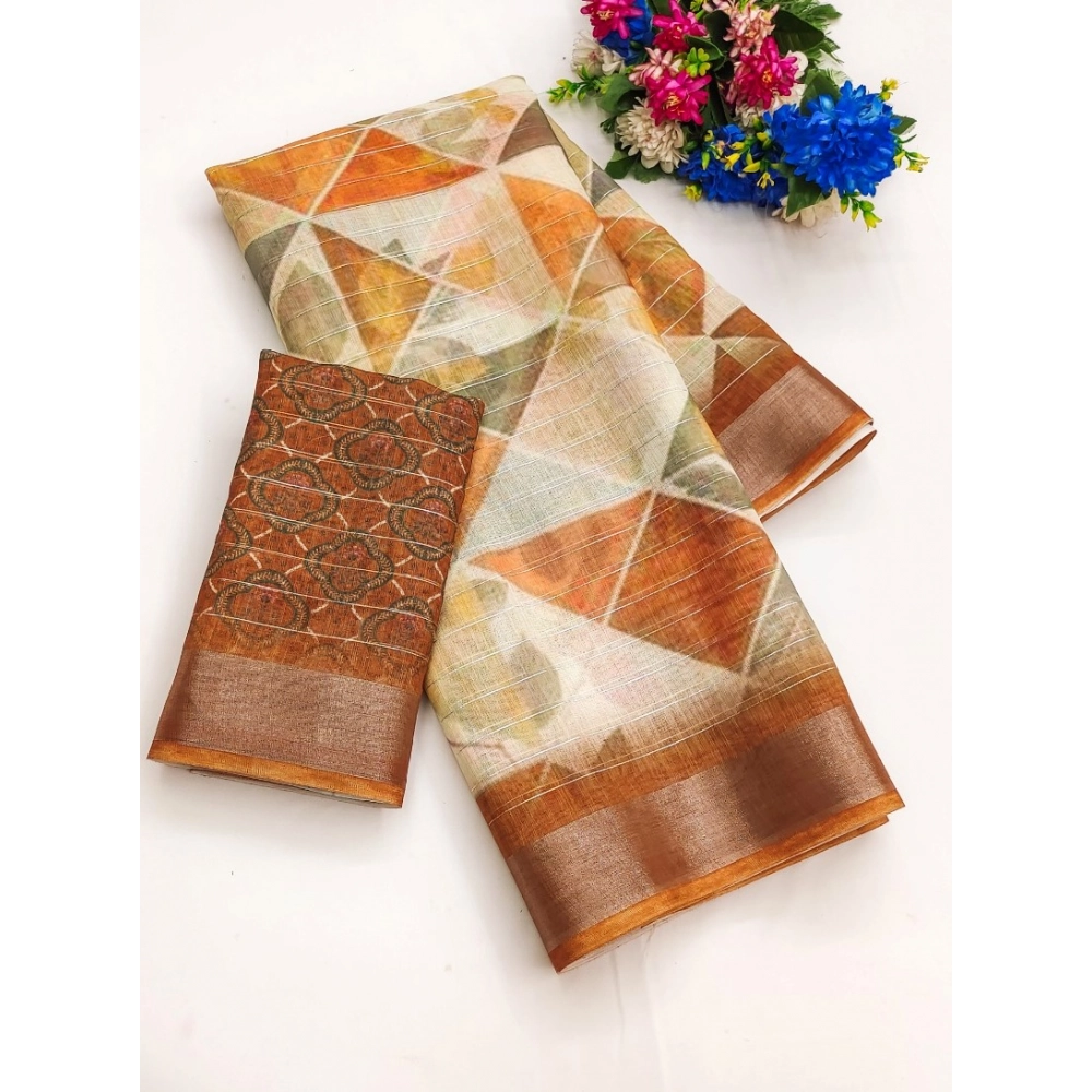 Generic Women's Cotton-Linen Printed Saree With Unstitched Blouse (5.5Mtr, Brown)