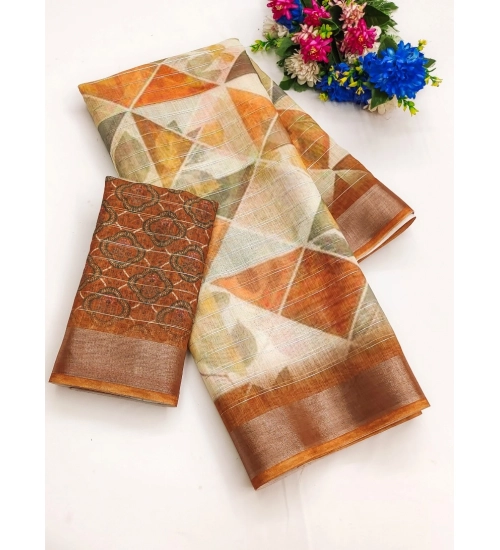 Generic Women's Cotton-Linen Printed Saree With Unstitched Blouse (5.5Mtr, Brown)