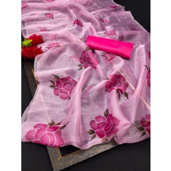 Generic Women's Organza Printed Saree With Unstitched Blouse (5.5Mtr, Pink)