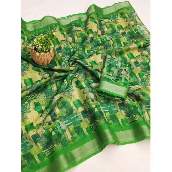 Generic Women's Cotton Linen Printed Saree With Unstitched Blouse (5.5Mtr, Green)