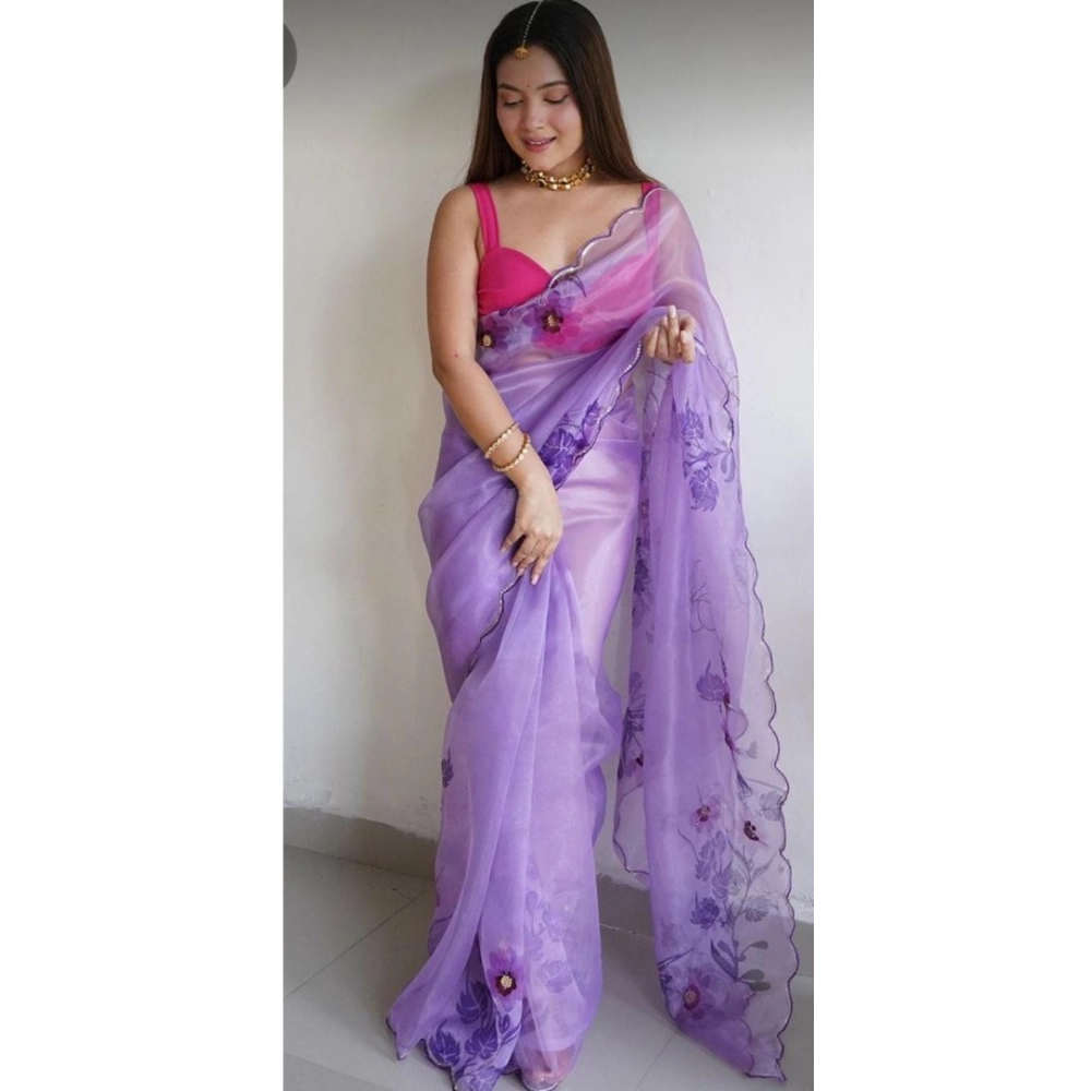 Generic Women's Organza Printed Saree With Unstitched Blouse (5.5Mtr, Puple)