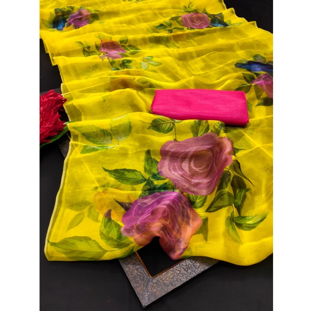 Generic Women's Organza Printed Saree With Unstitched Blouse (5.5Mtr, Mustard)