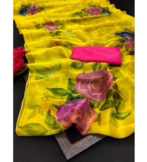 Generic Women's Organza Printed Saree With Unstitched Blouse (5.5Mtr, Mustard)
