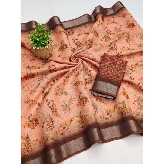 Generic Women's Cotton Linen Printed Saree With Unstitched Blouse (5.5Mtr, Maroon)