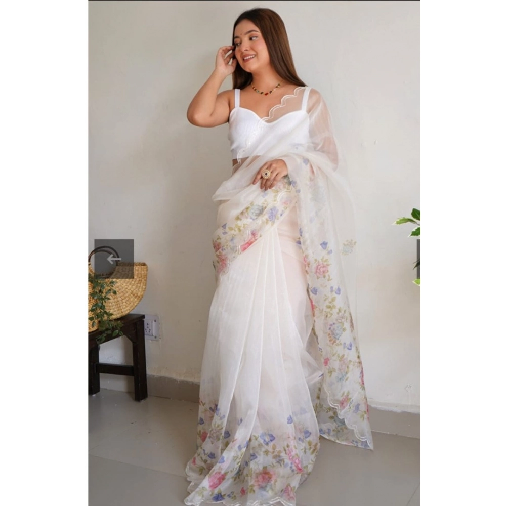 Generic Women's Organza Printed Saree With Unstitched Blouse (5.5Mtr, White)