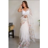Generic Women's Organza Printed Saree With Unstitched Blouse (5.5Mtr, White)